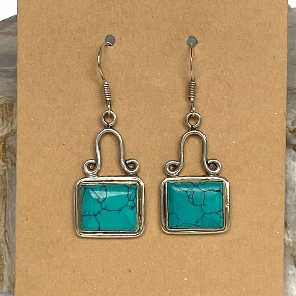 Sterling Silver 925 1.64" Rectangular Bezel Set Faux Turquoise Dangle Earrings - Picture 1 of 16